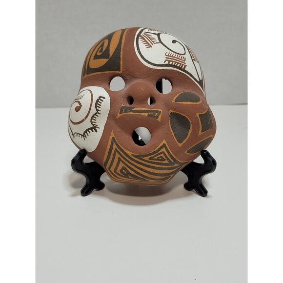 South America Latin Aztec Style Geometric Artisan Small Clay Mask White Black - Picture 6 of 6